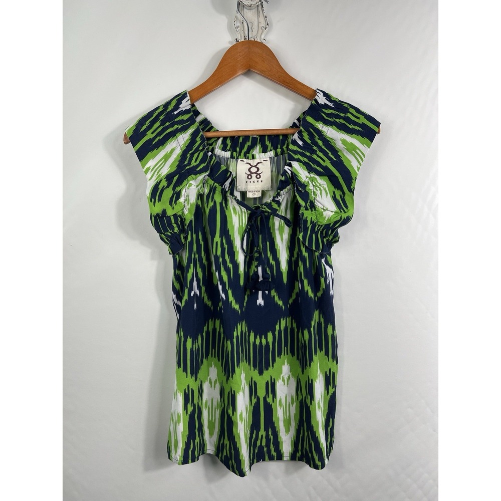 Figue Blouse Womens S Green Navy Ikat Tassel Tie Neck‎ Peasant Top Boho Viscose